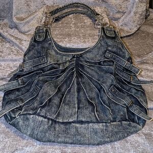 Affliction Denim-Style Pleated Hobo Bag in Washed Black